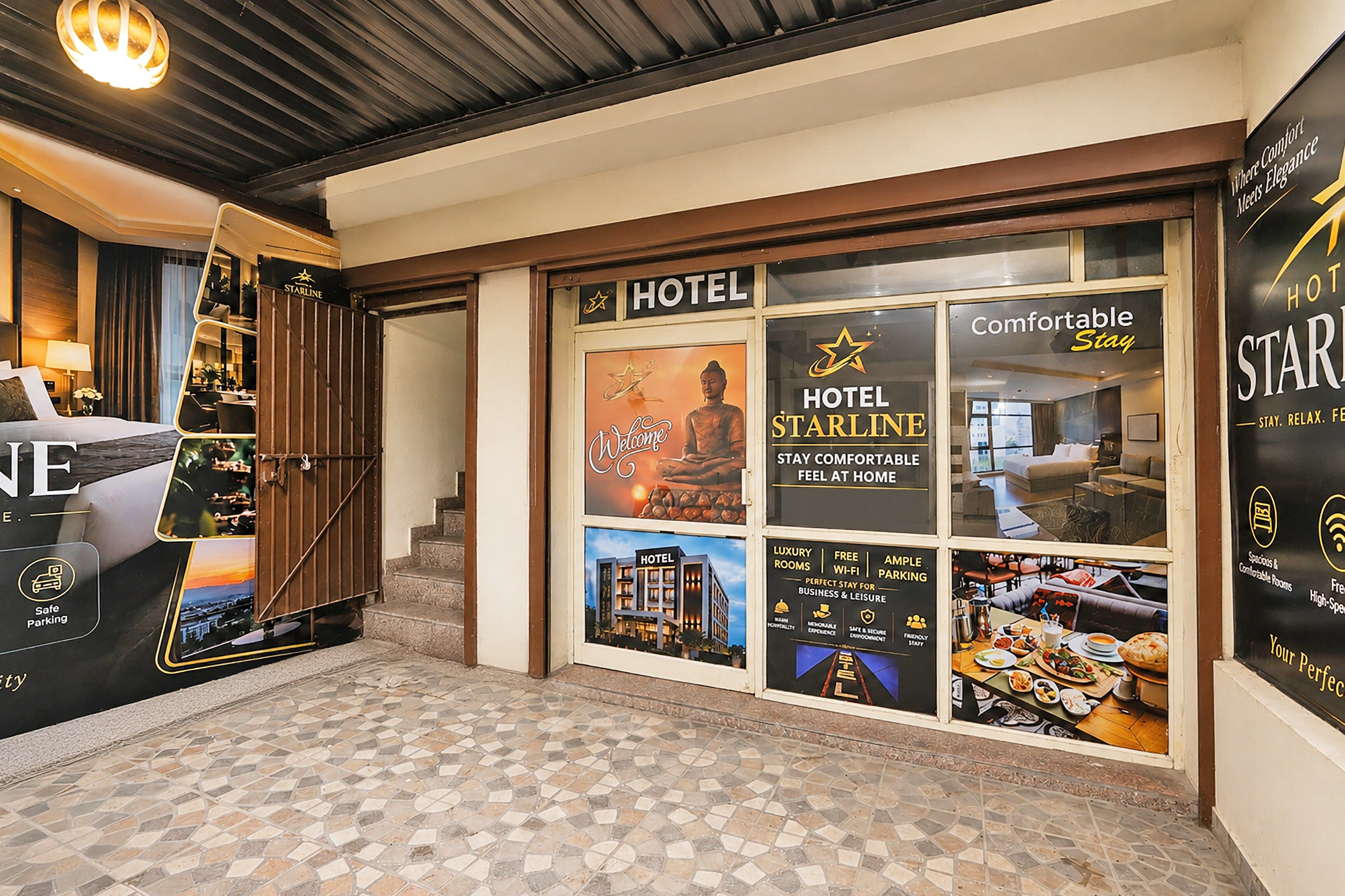 A hotel entrance with a sign reading 'HOTEL STARLINE' and a welcome poster.