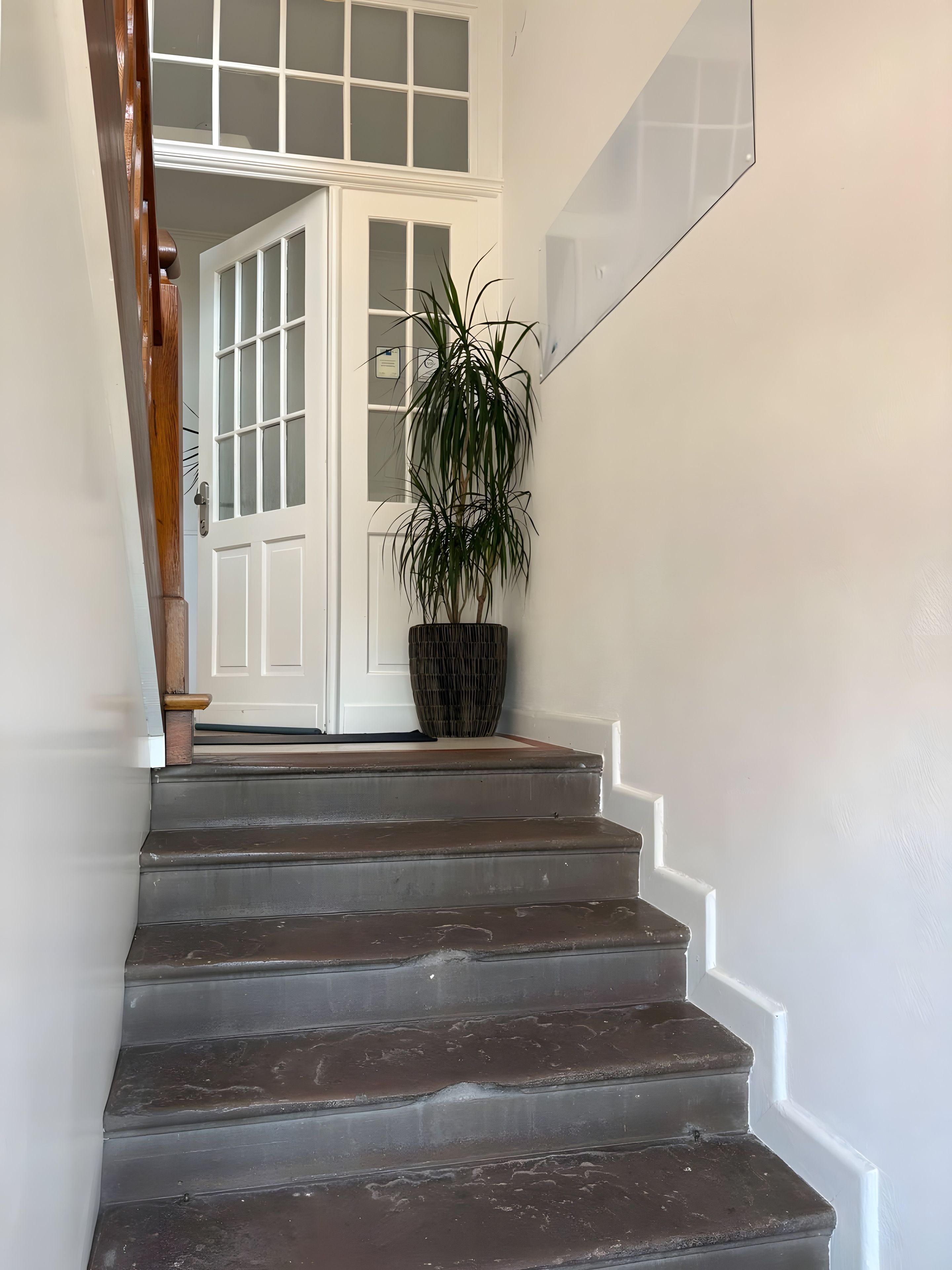 Eine Holztreppe mit Geländer führt zu einer weißen Tür mit Glasfenstern.
