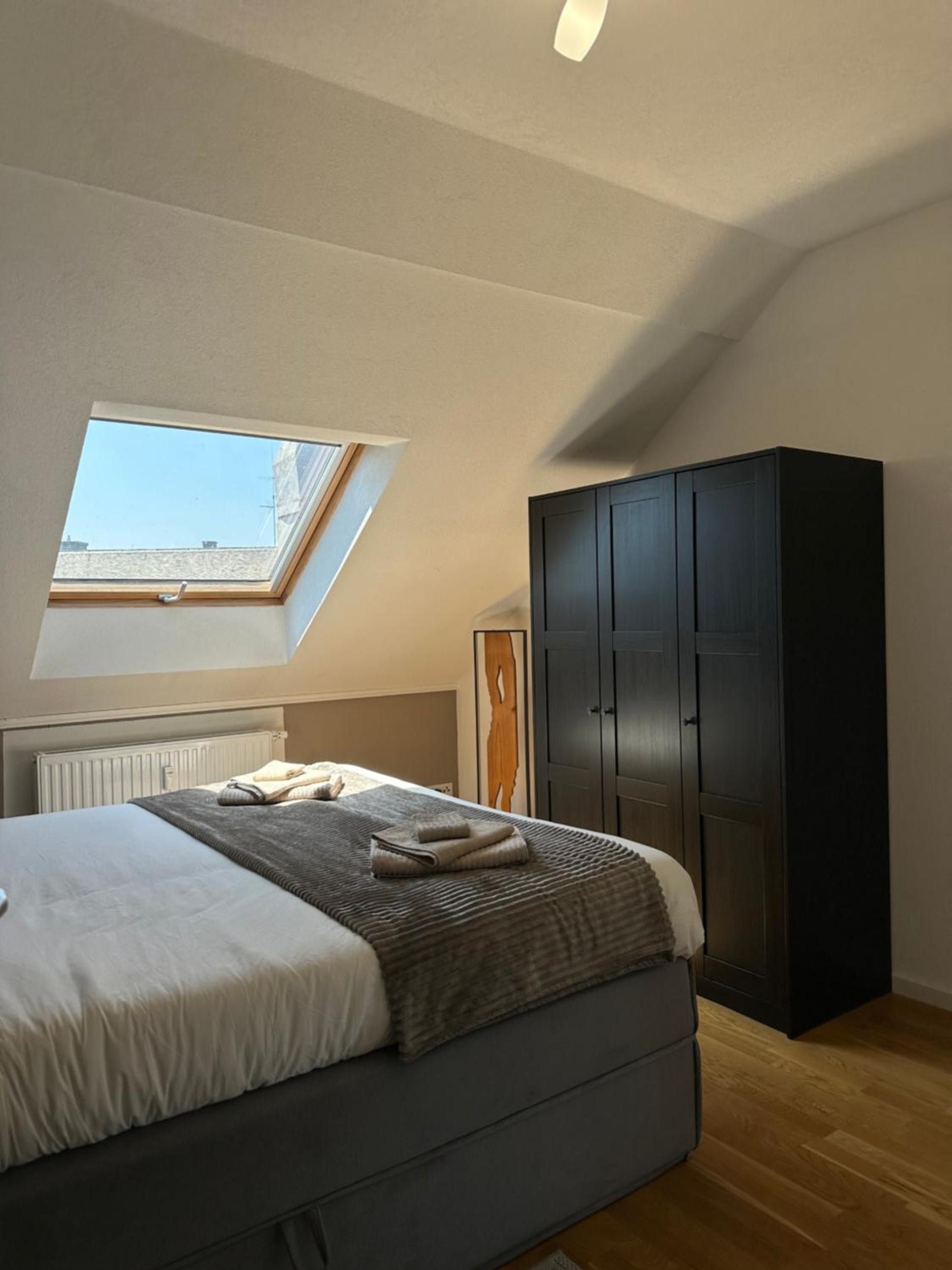 Une chambre avec un puits de lumière, un lit, une armoire et un radiateur.
