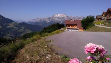 Ein Berggasthof mit gepflasterter Auffahrt, umgeben von Grün und mit Blick auf die Berge.