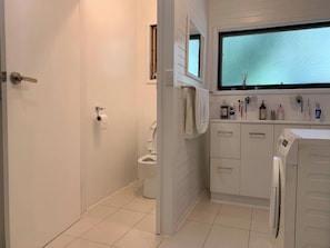 A modern bathroom with a toilet, a washing machine, and a window with a view. - Forest Cottage Bed-n-breakfast (Reefton)