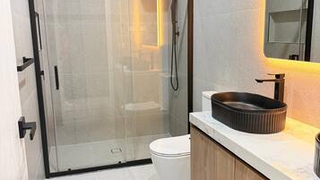 A modern bathroom with a glass-enclosed shower, a white toilet, and a wooden vanity with a black sink.
