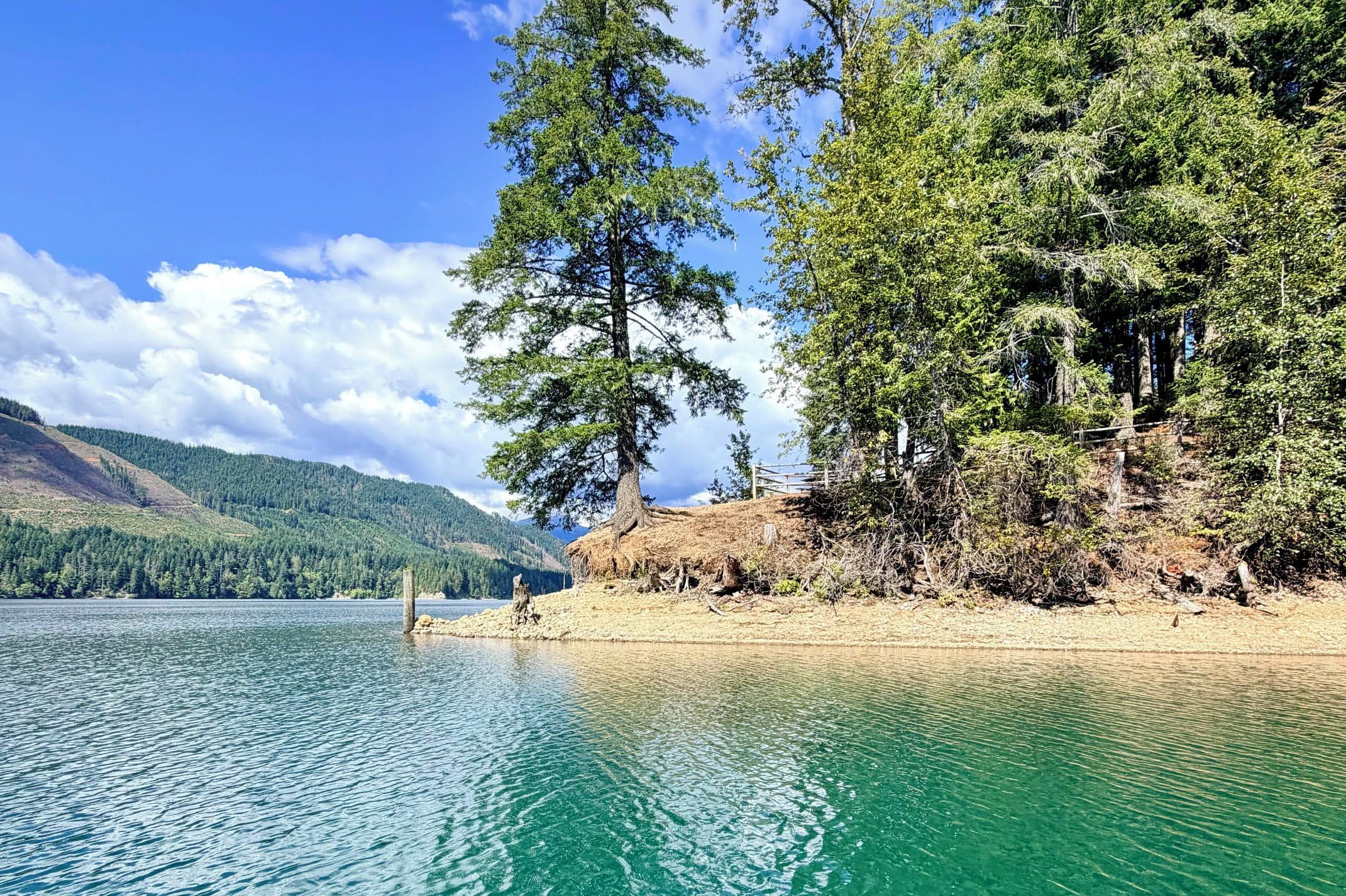 Un lago dalle acque limpide, circondato da una fitta foresta e montagne sullo sfondo.