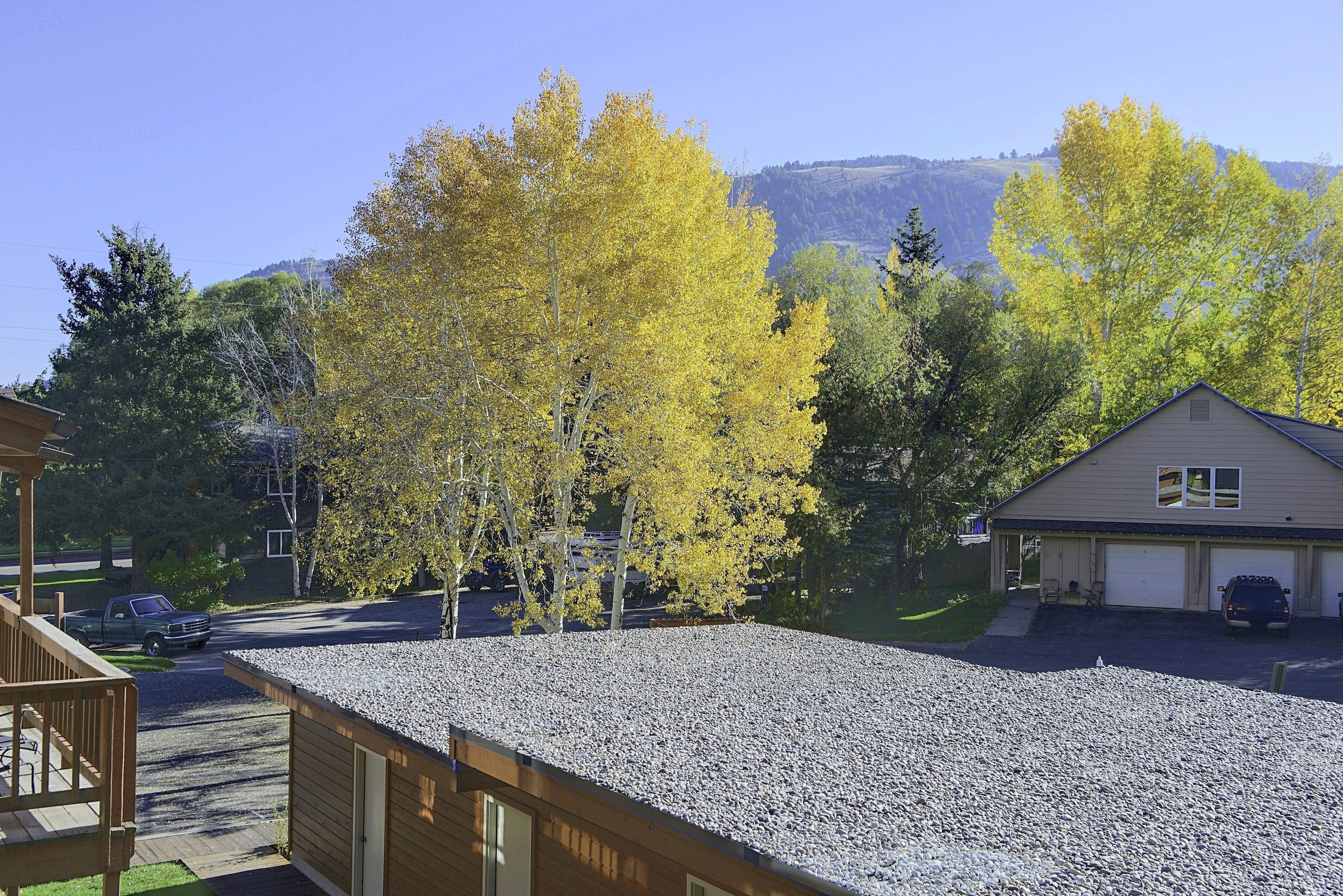 A residential area with a gravel roof, a wooden deck, and a house with a garage.