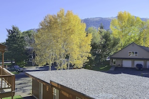 A residential area with a gravel roof, a wooden deck, and a house with a garage. - Walk to Snow King & Jackson Town Square! Cozy Unit (Jackson)