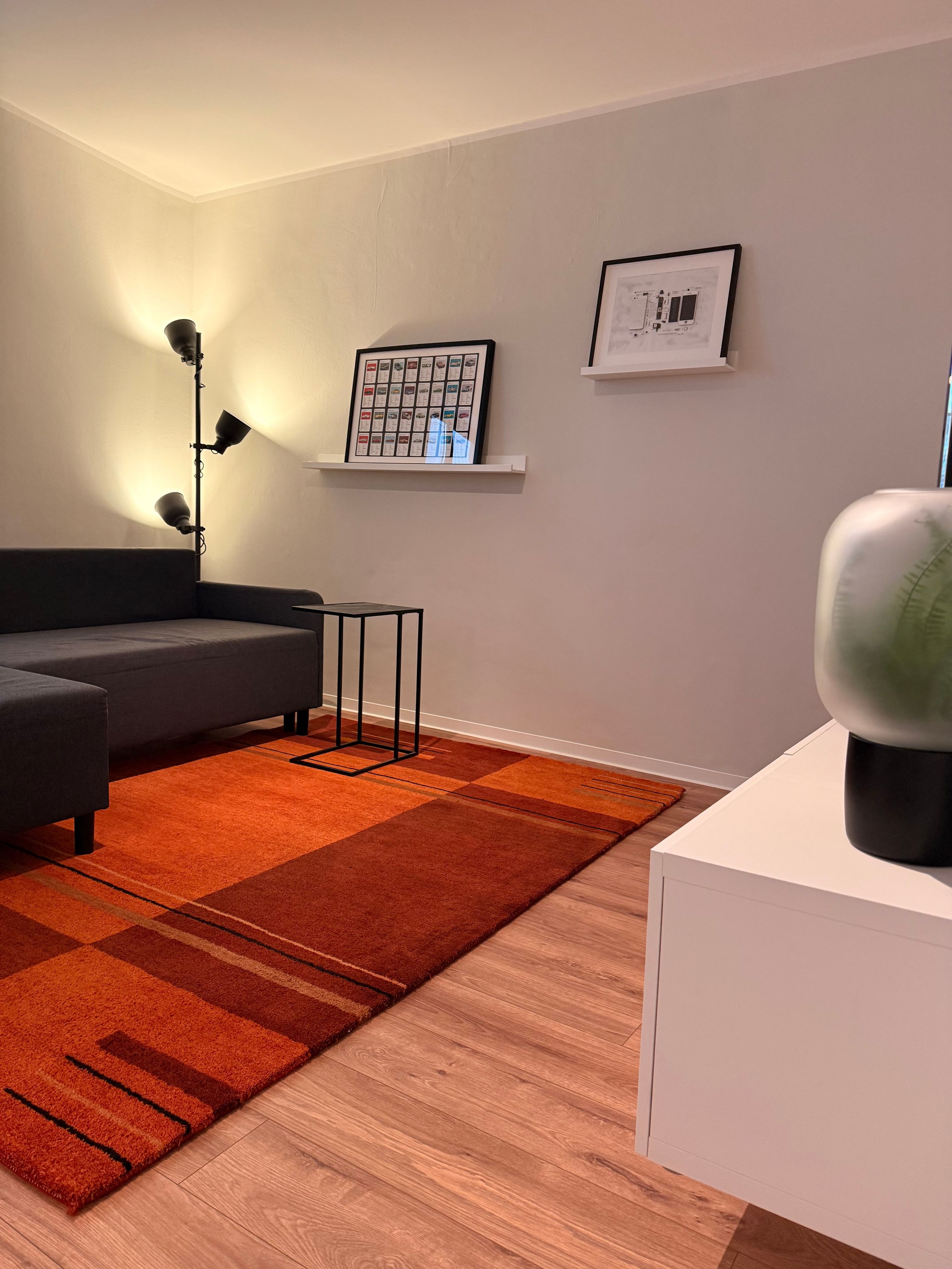 Ein modernes Wohnzimmer mit einem grauen Sofa, einer Stehlampe, einem gerahmten Bild und einem weißen Schrank.
