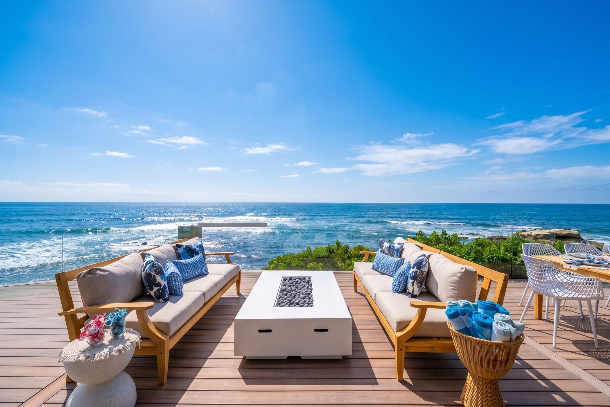 A deck with two sofas, a coffee table, and a wicker basket.