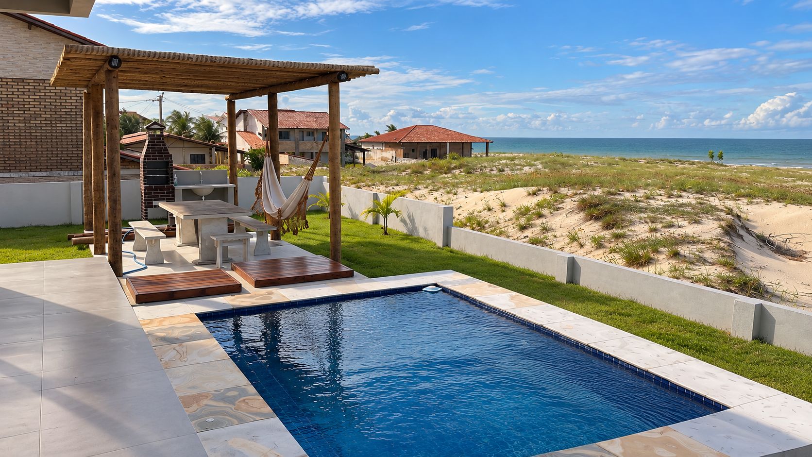 En swimmingpool med ett trädäck och solstolar, omgiven av en sandstrand och med utsikt över havet.