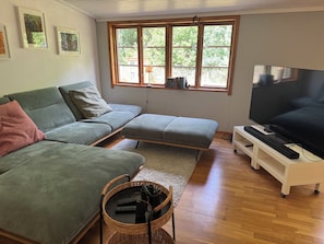 Ein Wohnzimmer mit einer Eckcouch, einem Fernseher und einem Fenster mit Blick auf Grünflächen.