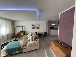 Ein modernes Wohnzimmer mit Sofa, Kamin, Essbereich und Küche.