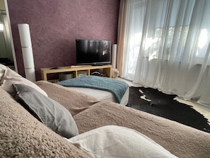 A bedroom with a bed, a television on a stand, a window with sheer curtains, and a black and white rug. - Apartment 'Bärenhöhle Vacation Home' with Shared Terrace, Shared Garden and Wi-Fi (Schlangenbad)