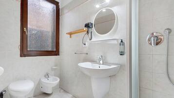 A bathroom with a bidet, a sink, a mirror, a handheld showerhead, and a window with frosted glass.