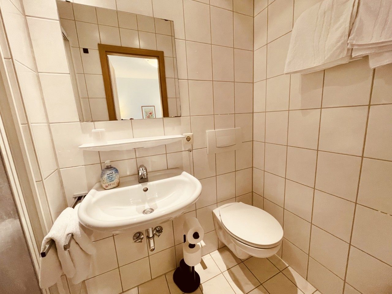 A bathroom with a white sink, a toilet, and a mirror.
