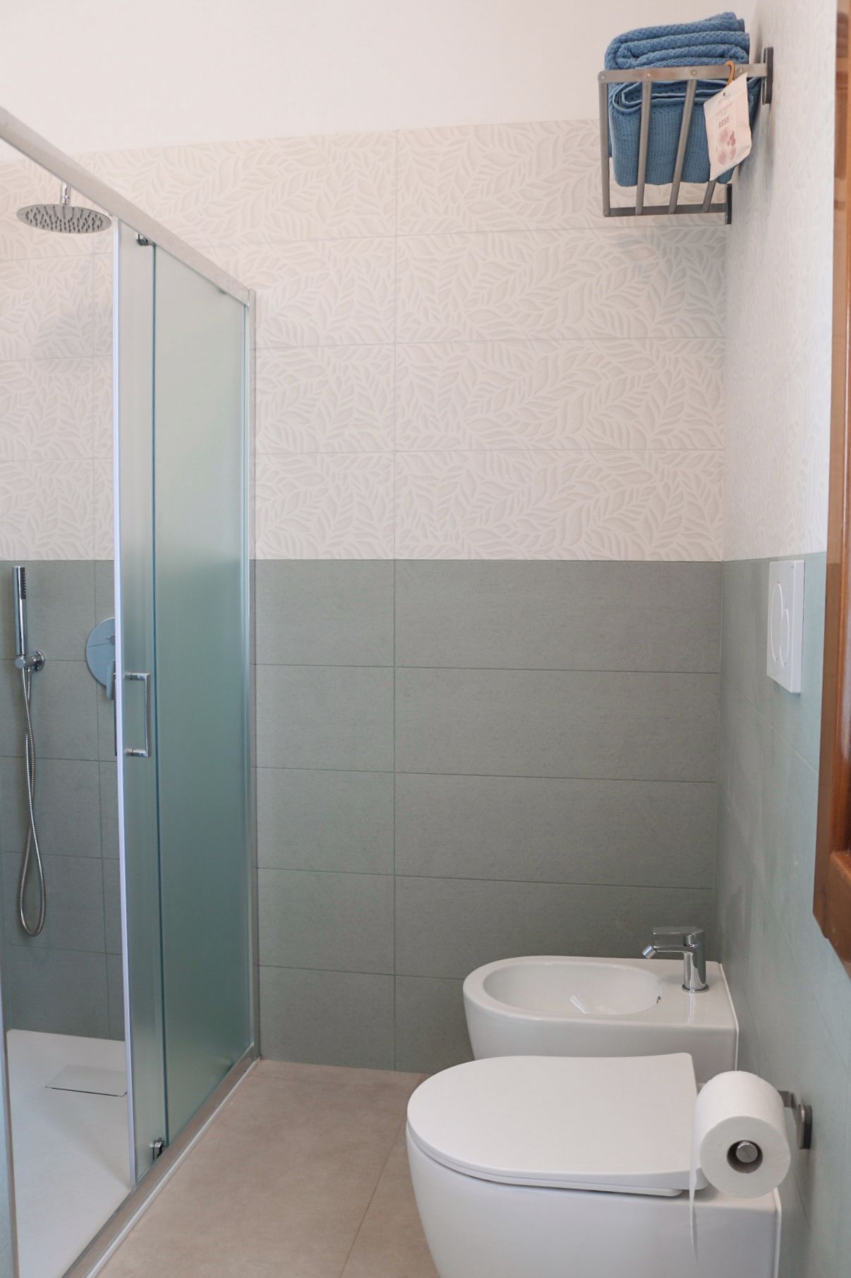 Un baño con cabina de ducha de vidrio, inodoro y bidé.