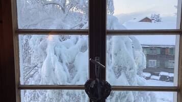 A window with a view of snow-covered trees and a house.