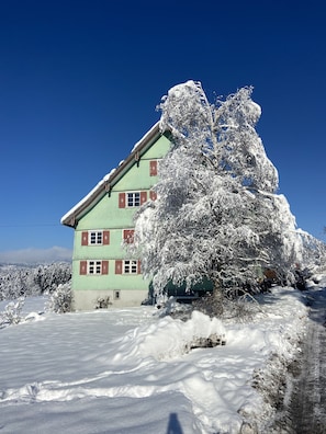 Een herenhuis met sneeuw bedekte bomen en een helderblauwe lucht.