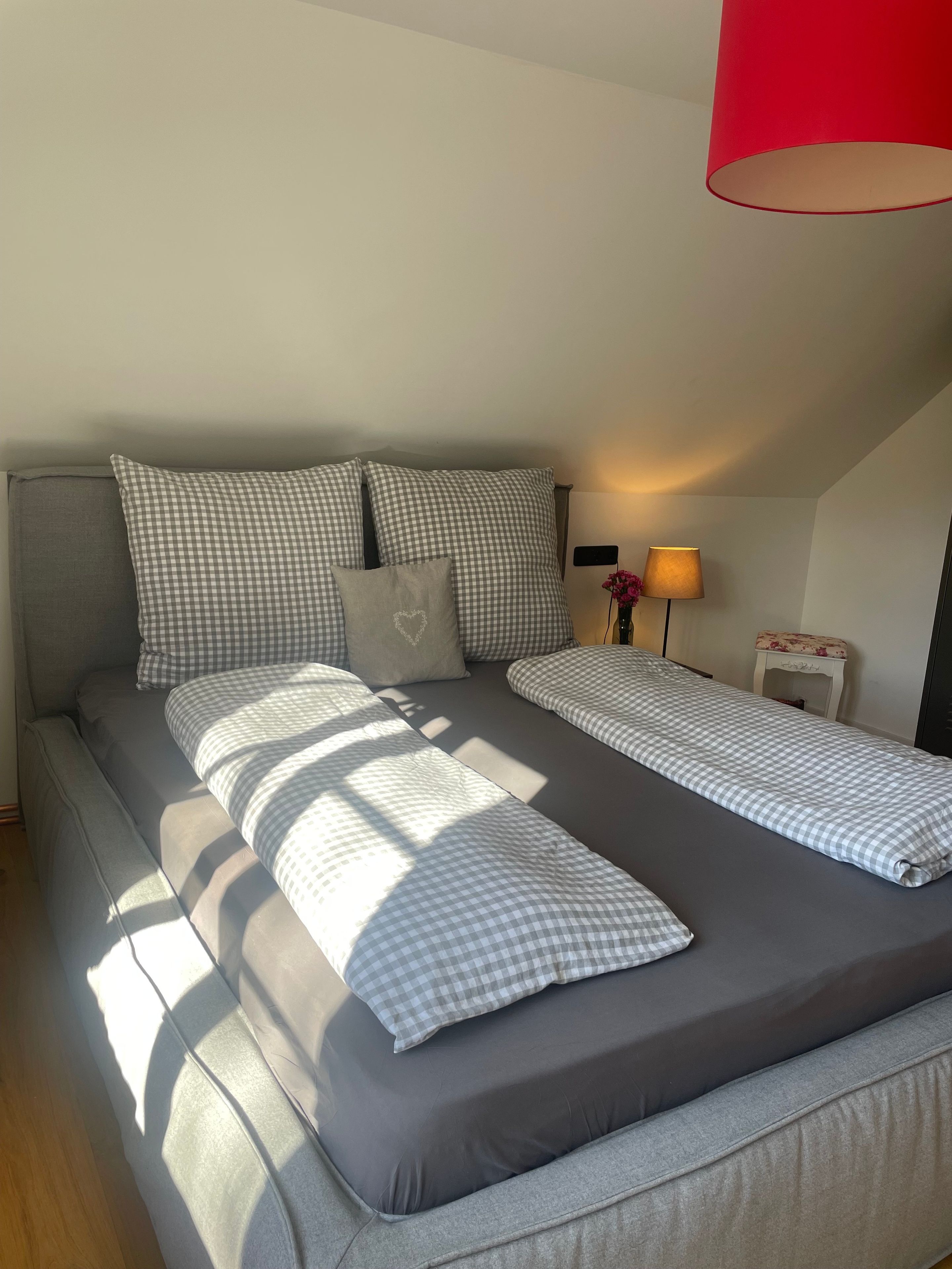 A bed with checkered bedding and pillows, a bedside lamp, and a red lamp on the ceiling.