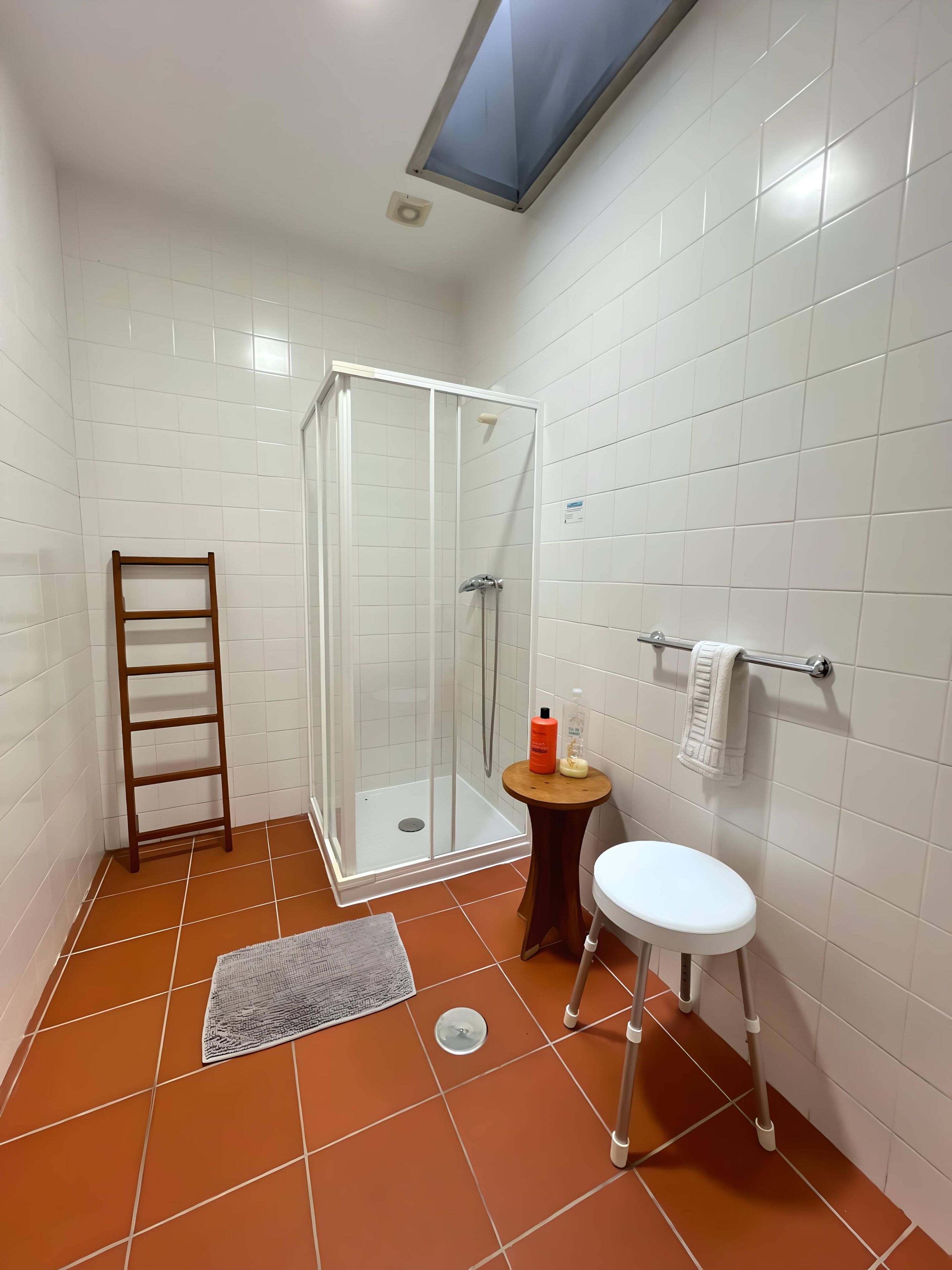 Une salle de bain avec des murs recouverts de carreaux blancs, une douche en verre, une échelle en bois, un petit tabouret et des toilettes blanches.