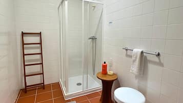 Une salle de bain avec des murs recouverts de carreaux blancs, une douche en verre, une échelle en bois, un petit tabouret et des toilettes blanches.