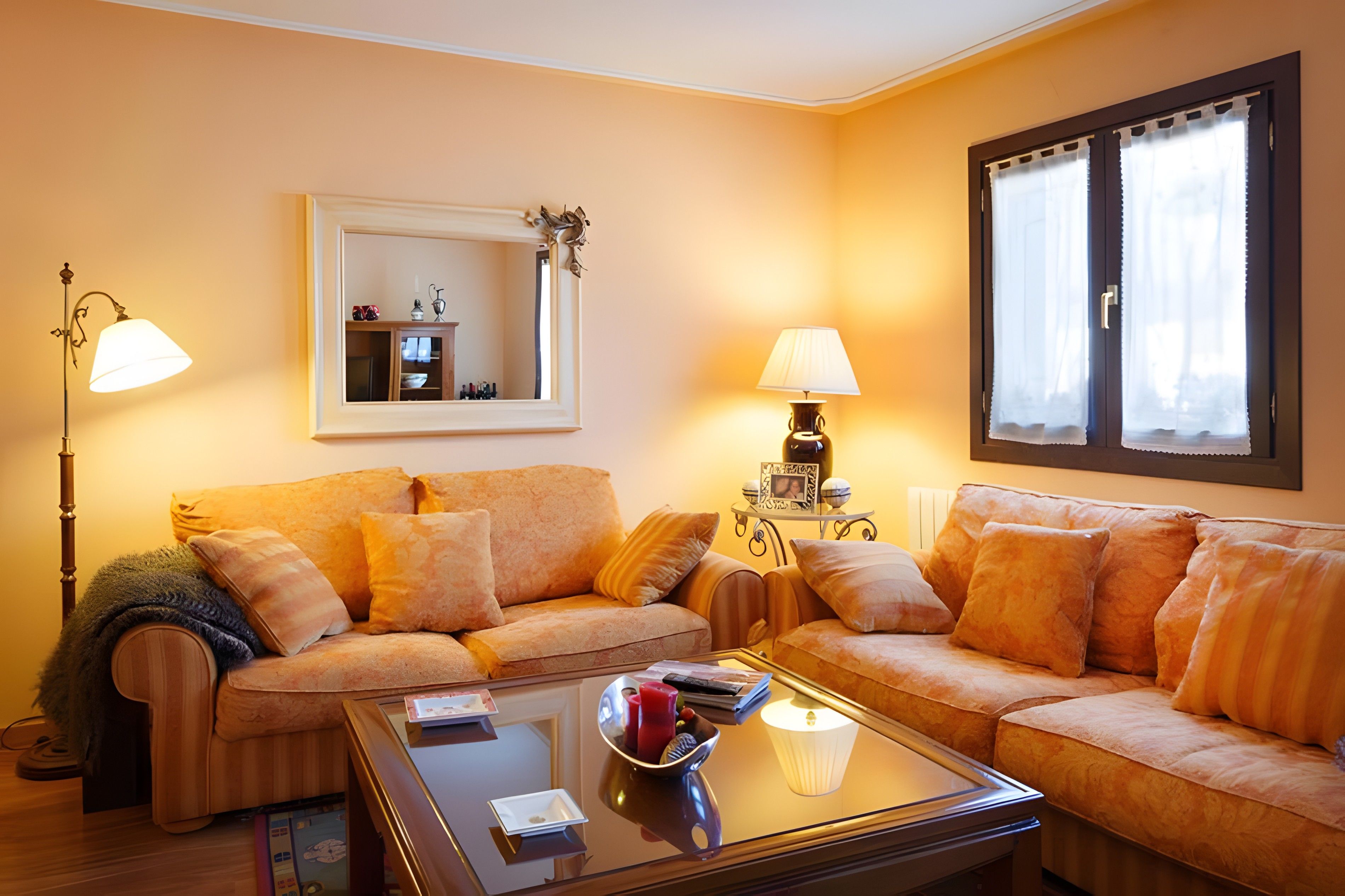 A living room with two sofas, a coffee table, and two lamps.