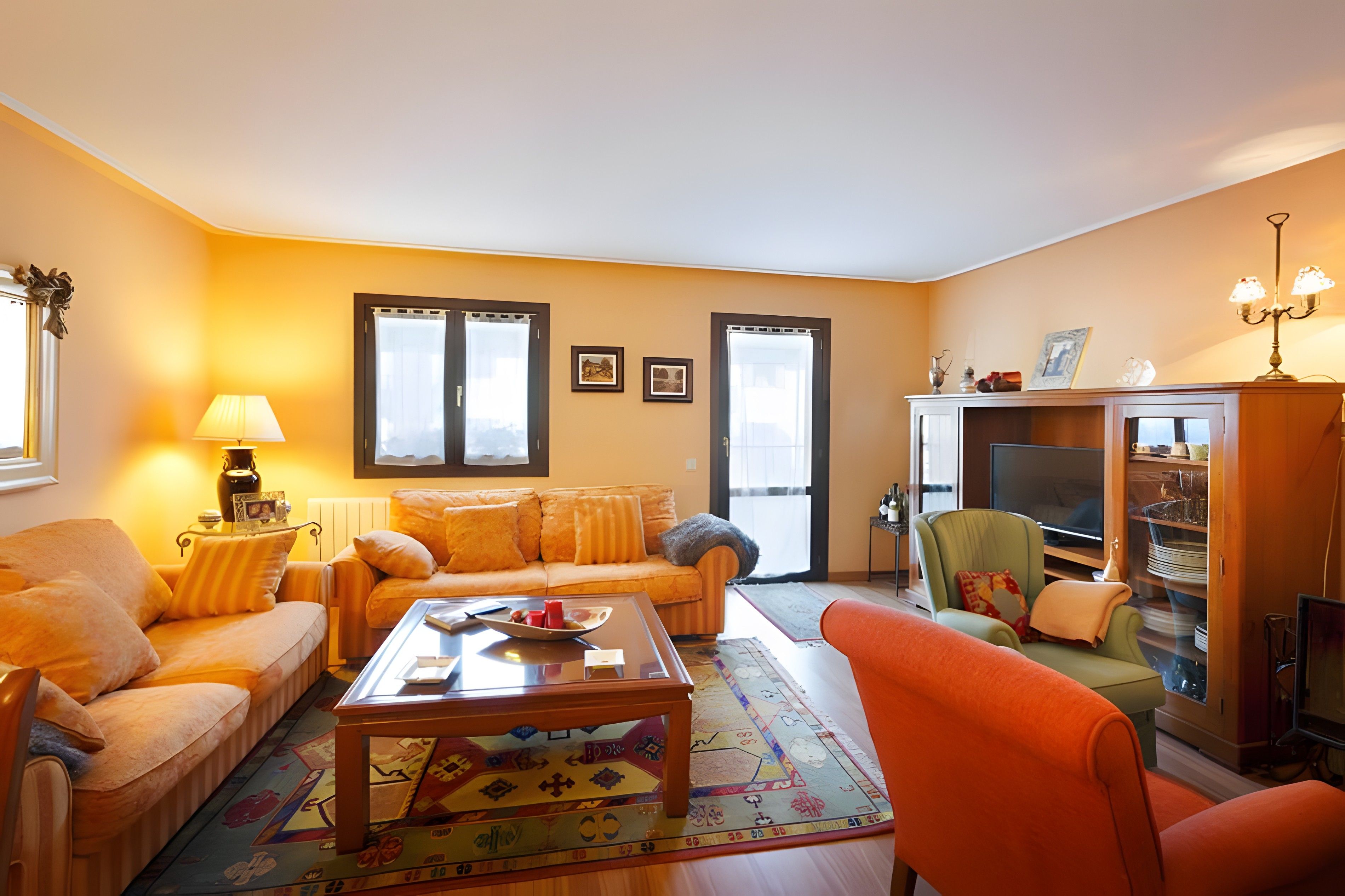 A living room with a sofa, a coffee table, a television, and a cabinet.
