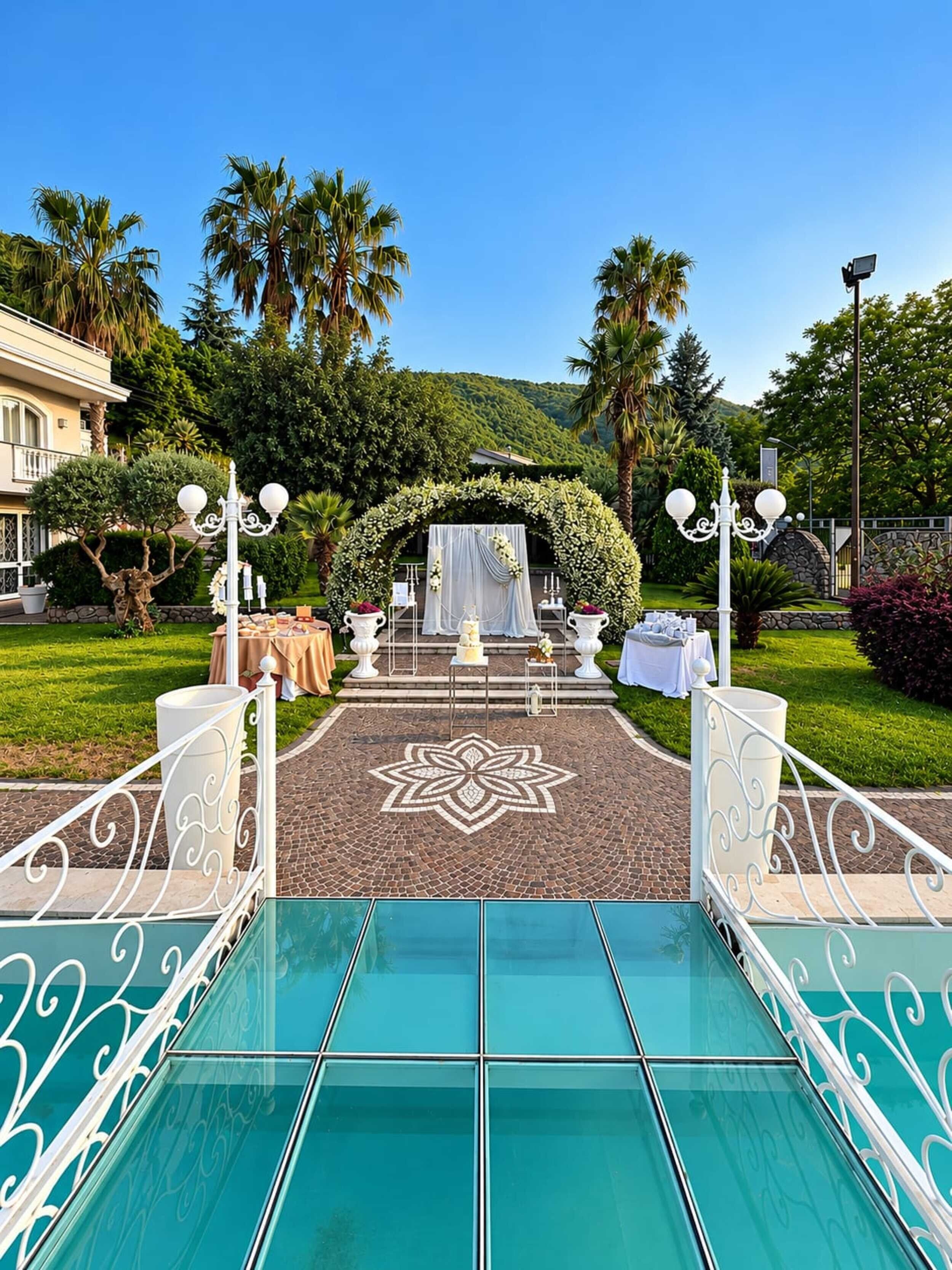 Un área de piscina con un sendero despejado que lleva a un arco decorado.