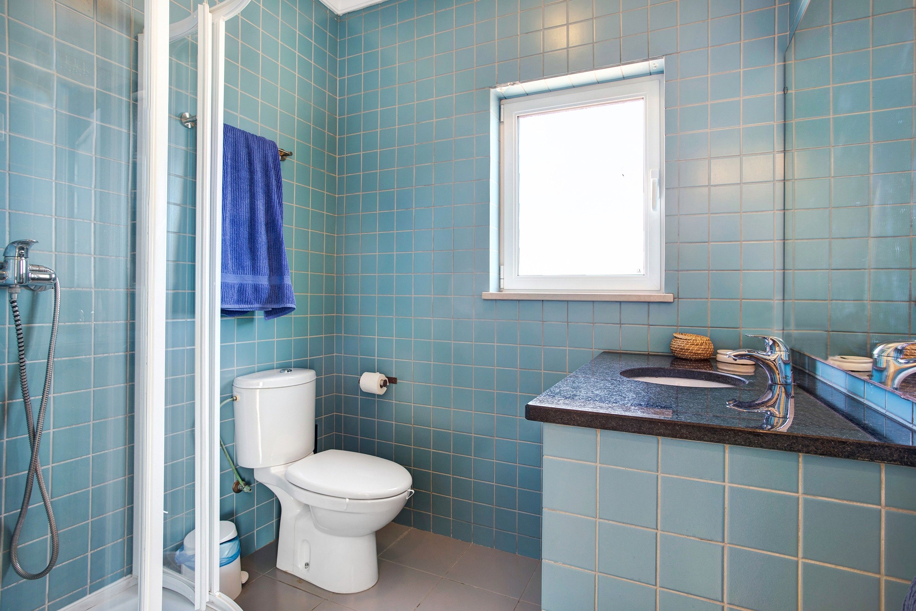 A bathroom with a toilet, a shower, and a sink.