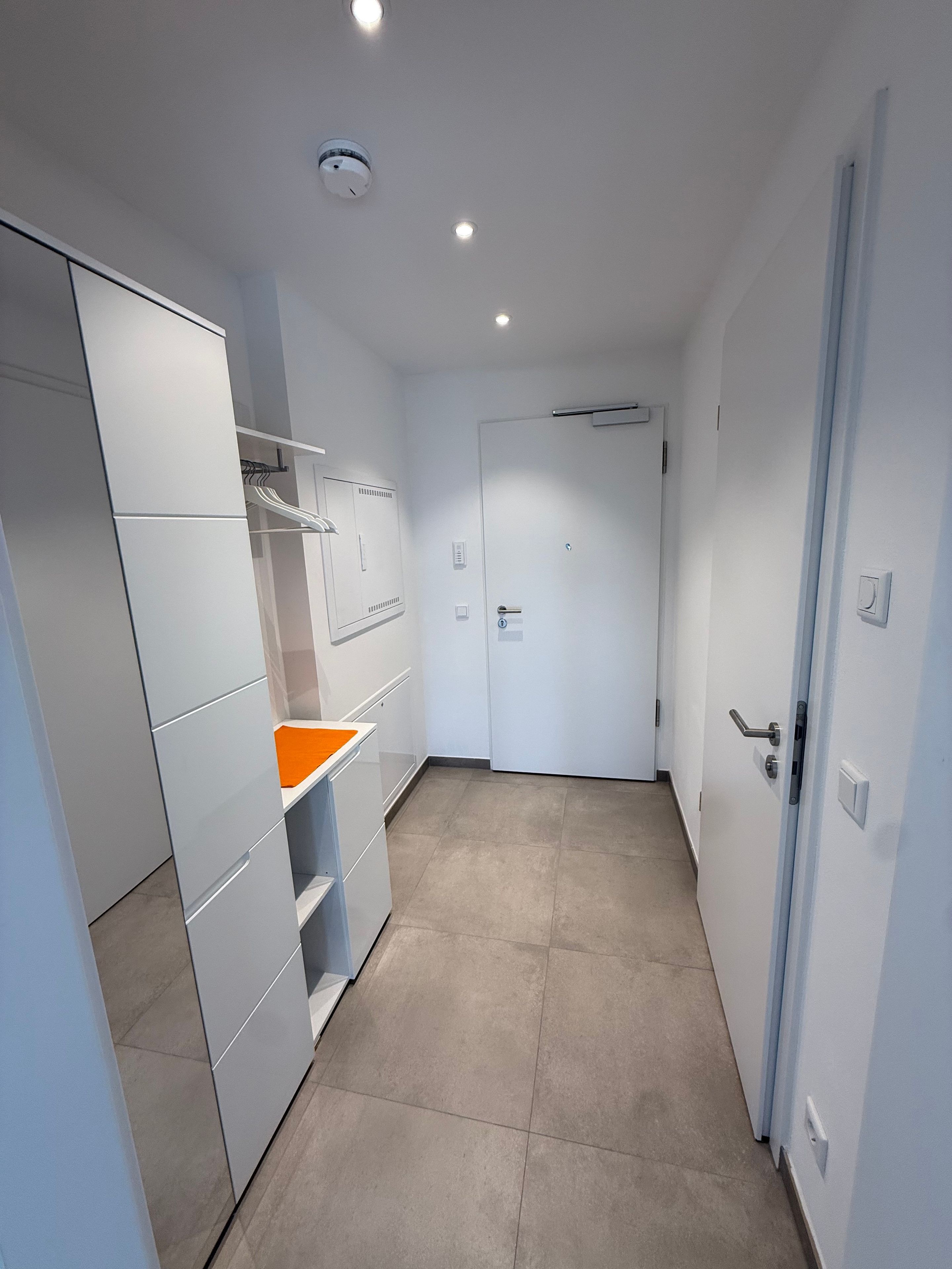 Un couloir avec un placard, une porte et un interrupteur.