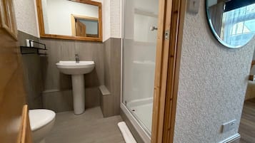 A bathroom with a pedestal sink, a toilet, a shower enclosure, and a mirror.