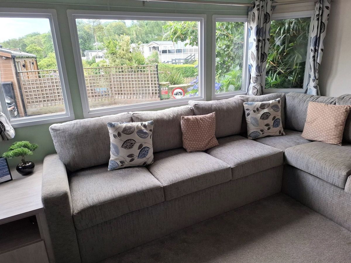 Ein graues Sofa mit gemusterten Kissen, ein kleiner Topfpflanze und Blick auf Grünflächen und Gebäude durch große Fenster.