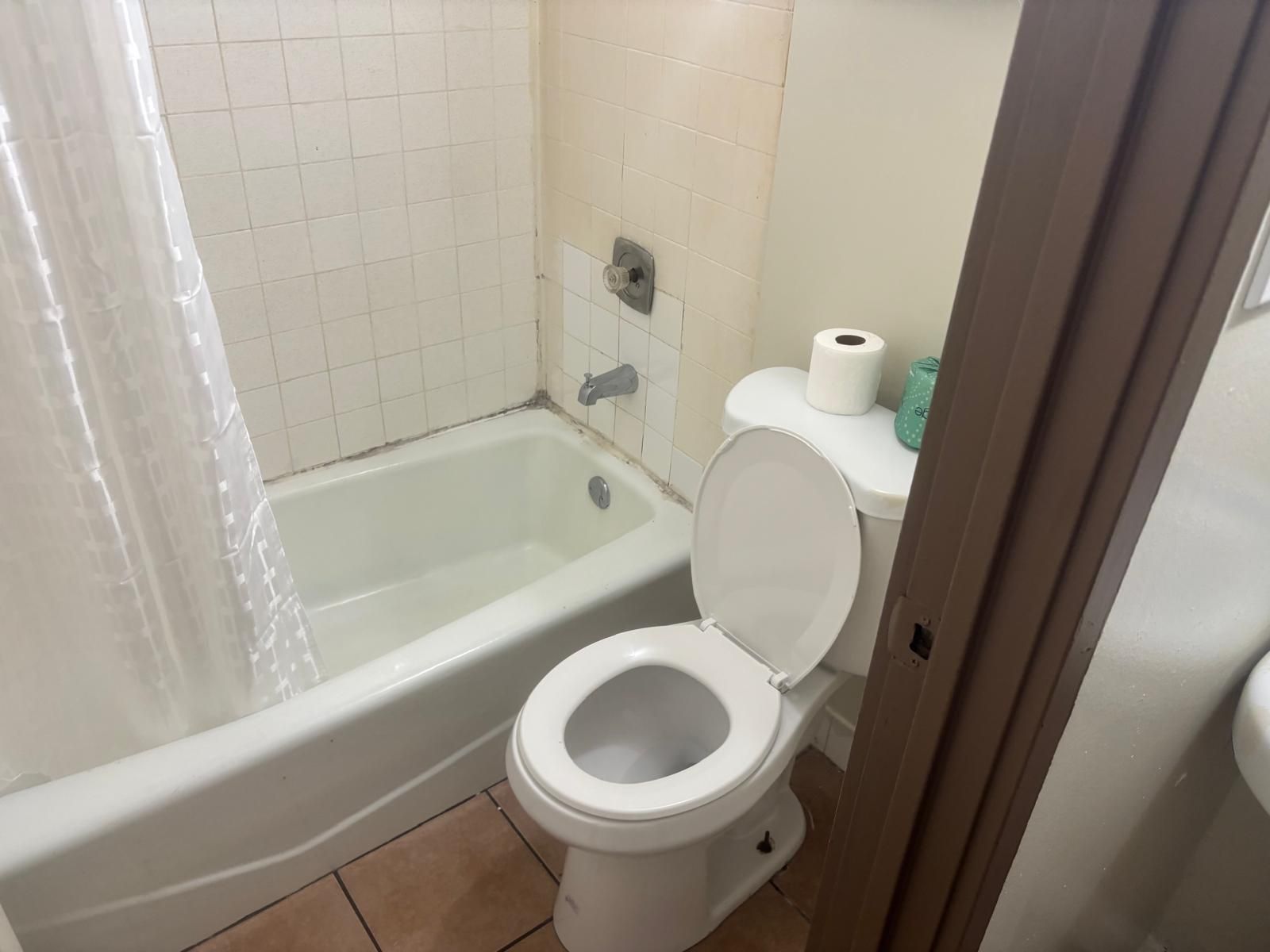 A bathroom with a bathtub, toilet, and shower curtain.