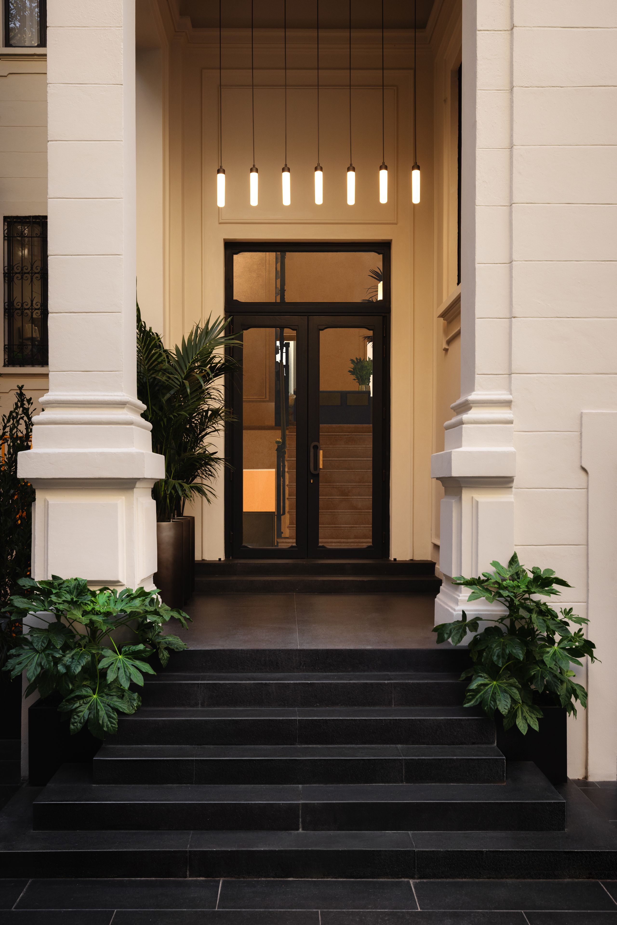 L’entrée d’un immeuble est marquée par un escalier menant à une double porte, flanquée de deux colonnes et agrémentée de plantes en pot.