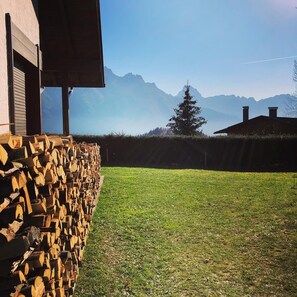 Um gramado com uma pilha de lenha e uma cadeia de montanhas ao fundo.