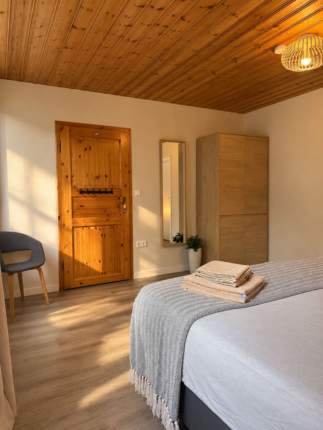 A bedroom with a wooden door, a bed with a patterned bedspread, a chair, and a bedside plant.
