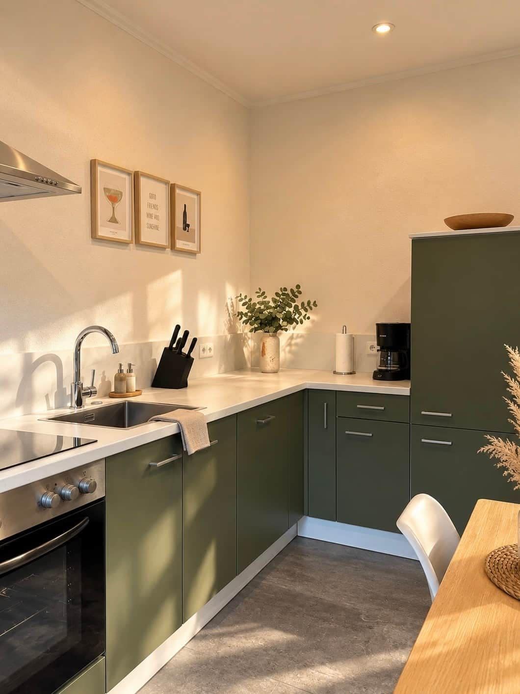 A modern kitchen with a sink, stove, and cabinets. There are framed pictures on the wall and a plant on the counter.