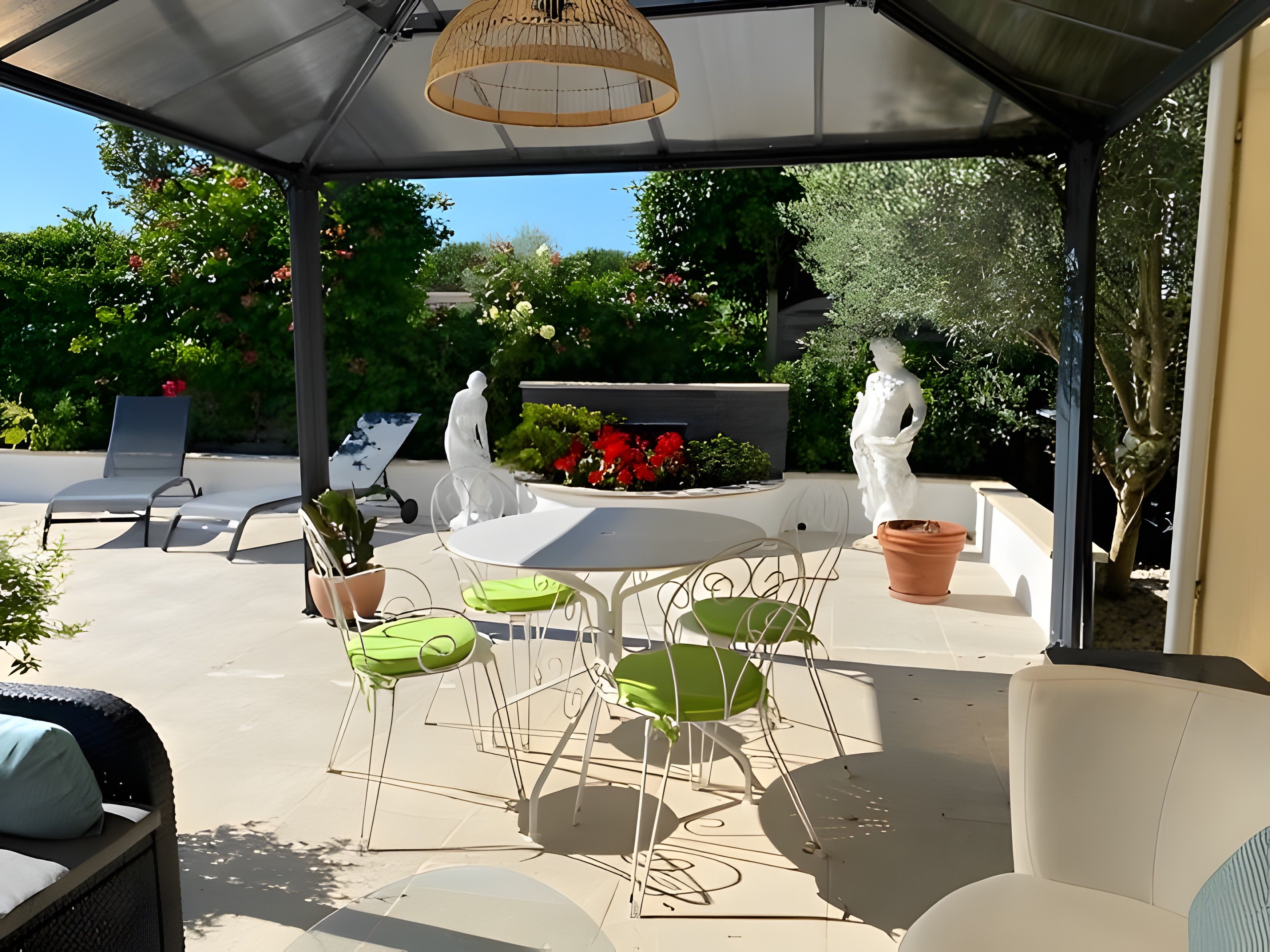 An outdoor patio area with a covered seating arrangement, a round table, and various plants.