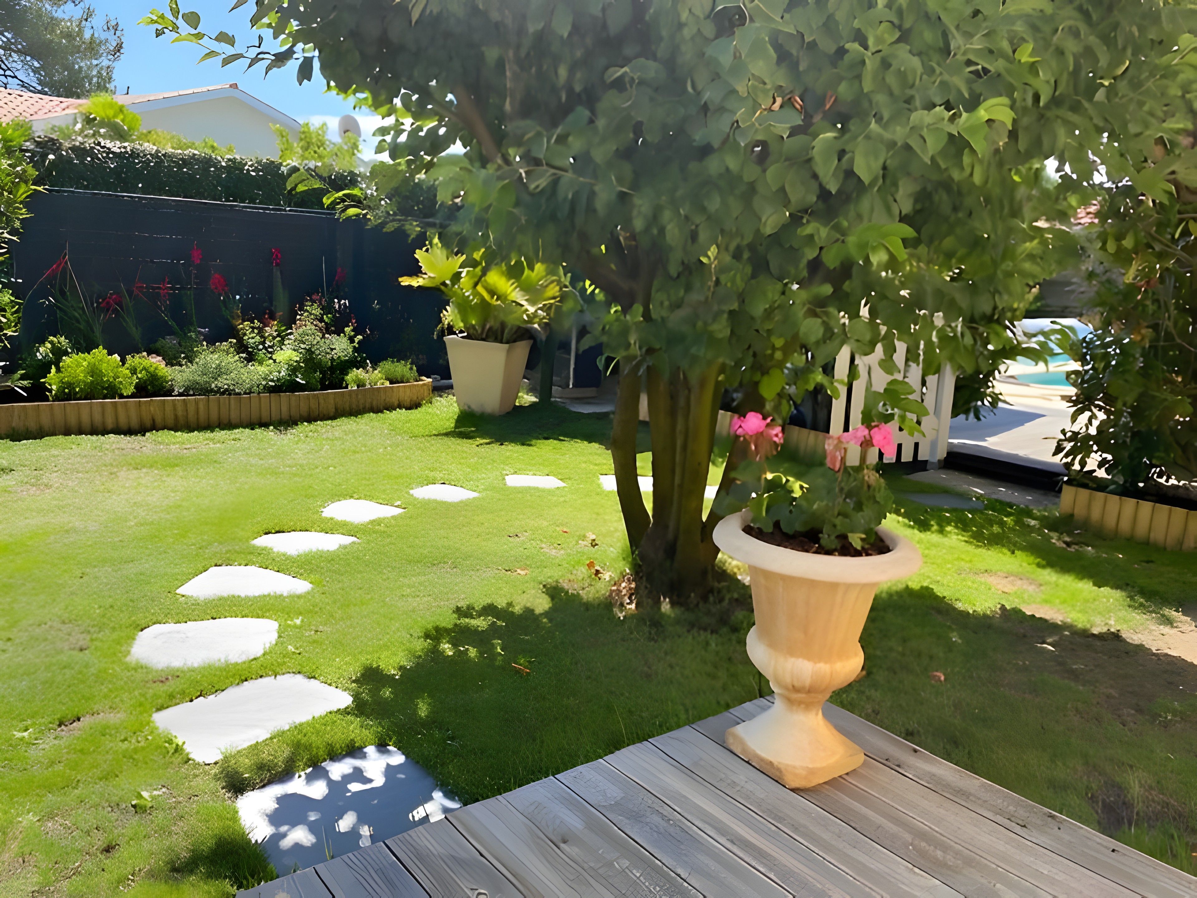 A garden with a wooden deck, stepping stones, and potted plants.