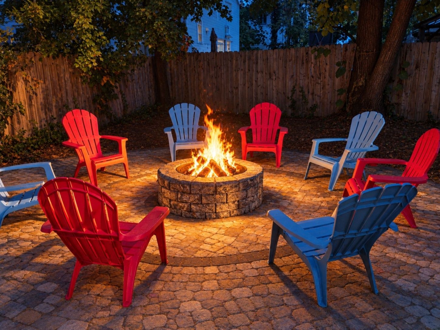 Newly designed fire pit with colorful Adirondack seating for cozy evenings
