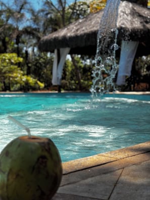 A pool with clear water, a coconut, and a structure with a thatched roof in the background.