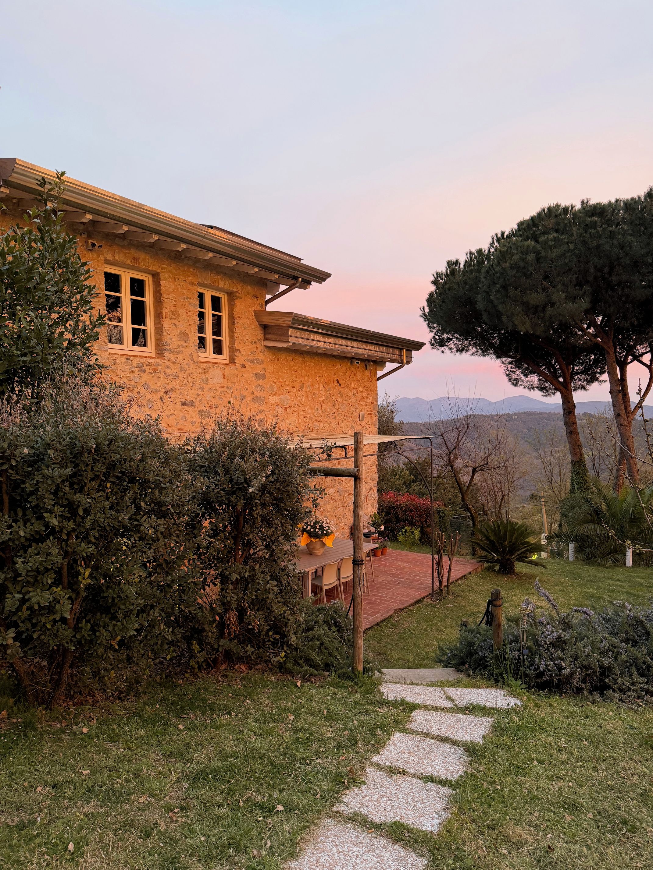A stone house with a paved patio and a garden with various plants and a tree.