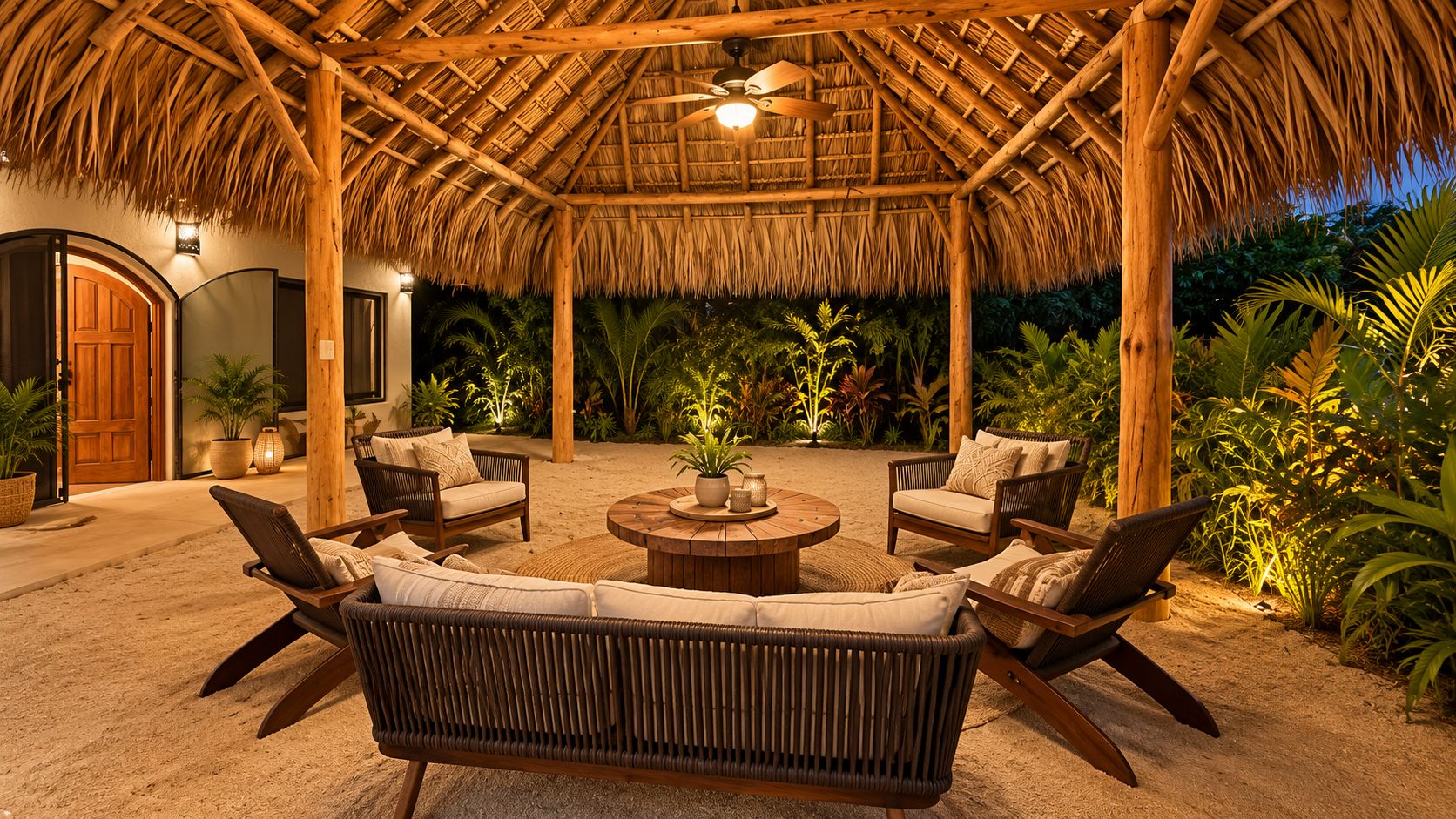 An outdoor seating area with wicker furniture and a central round table, surrounded by a thatched roof structure.