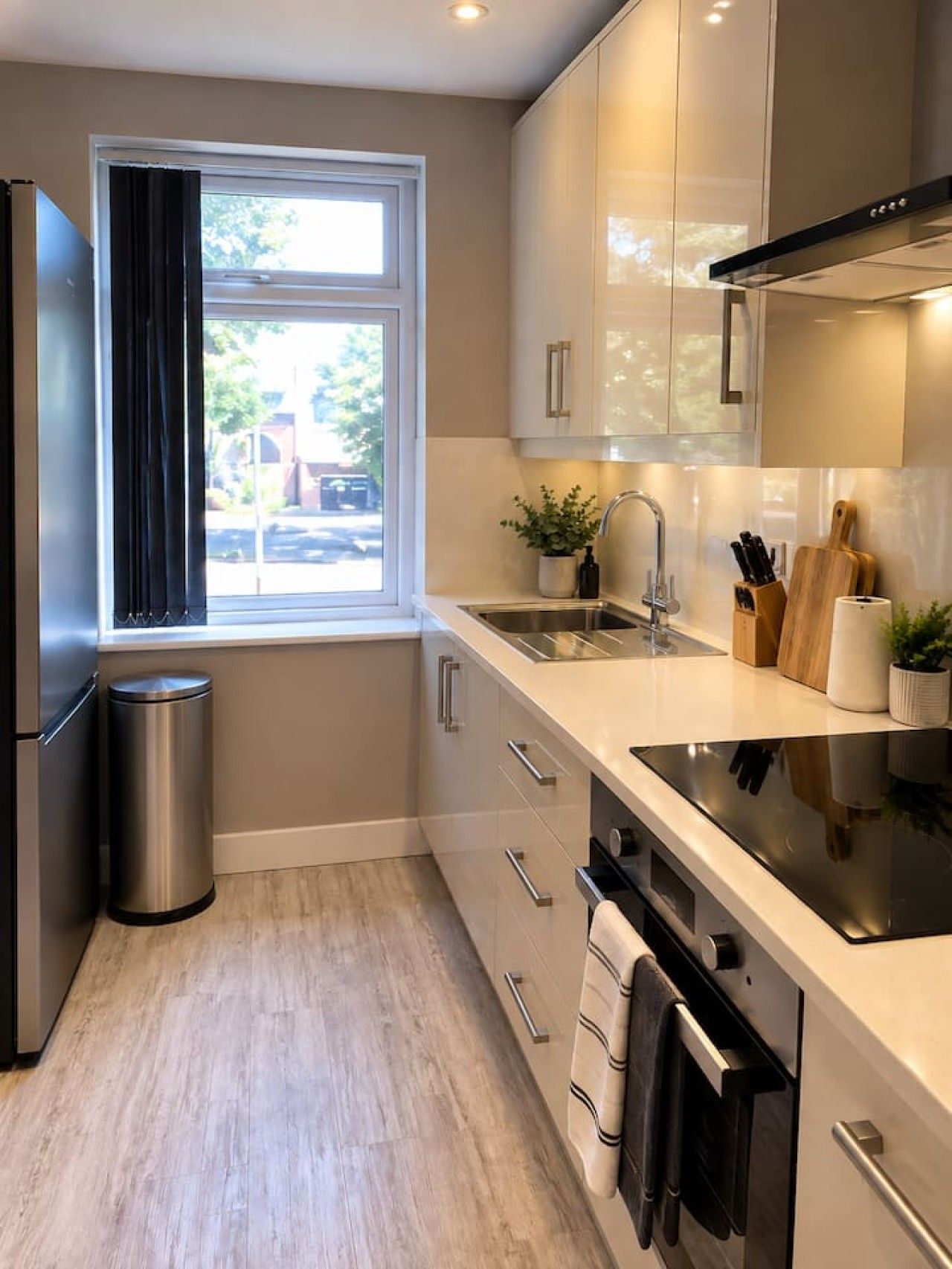 Una cocina moderna con un refrigerador de acero inoxidable, un lavamanos y una estufa.