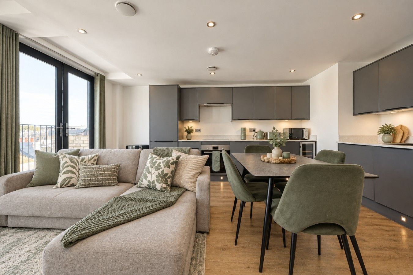 Una sala moderna con sofá, mesa de comedor y sillas. Se observa un área de cocina con armarios y electrodomésticos al fondo.