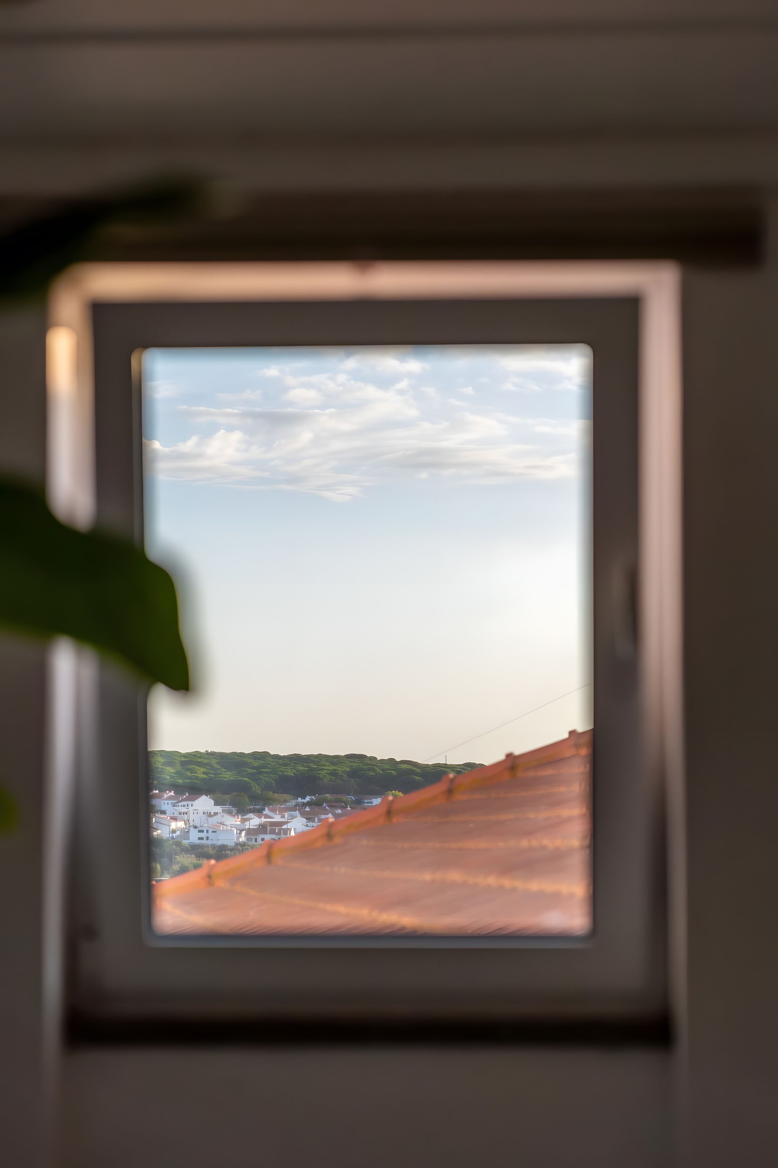 A view through a window with a landscape, including a hill and buildings.