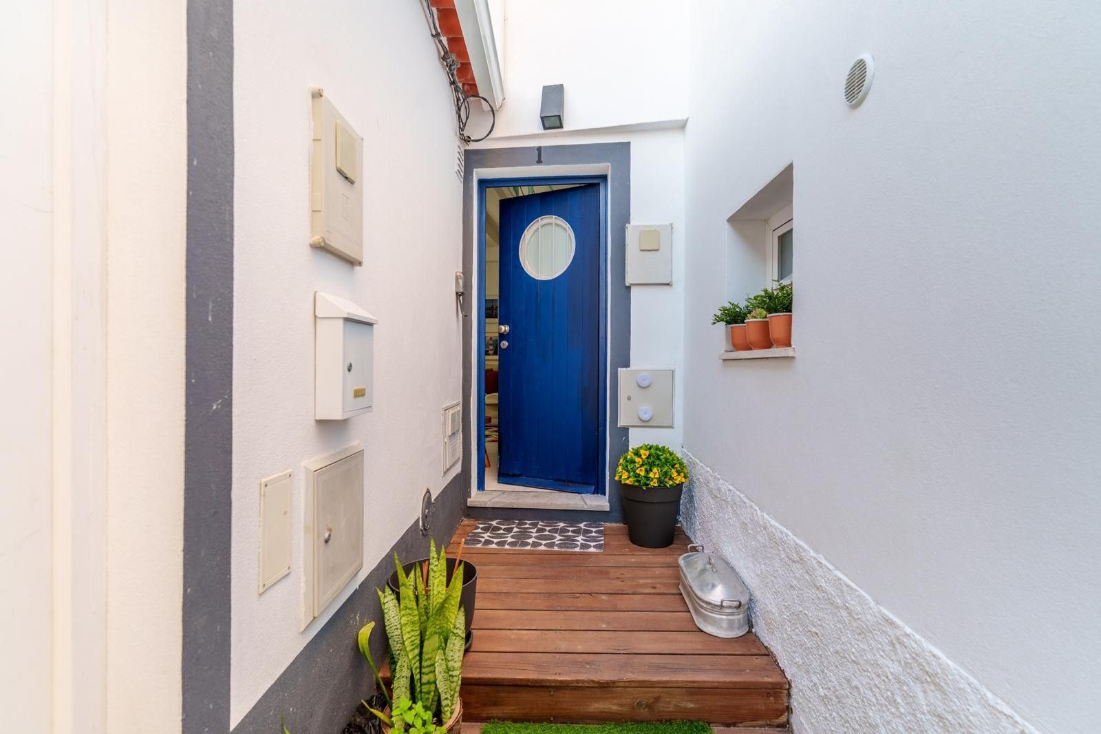 A narrow hallway with a blue door, potted plants, and a small step leading to a wooden deck.