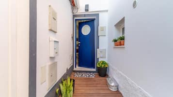 A narrow hallway with a blue door, potted plants, and a small step leading to a wooden deck.