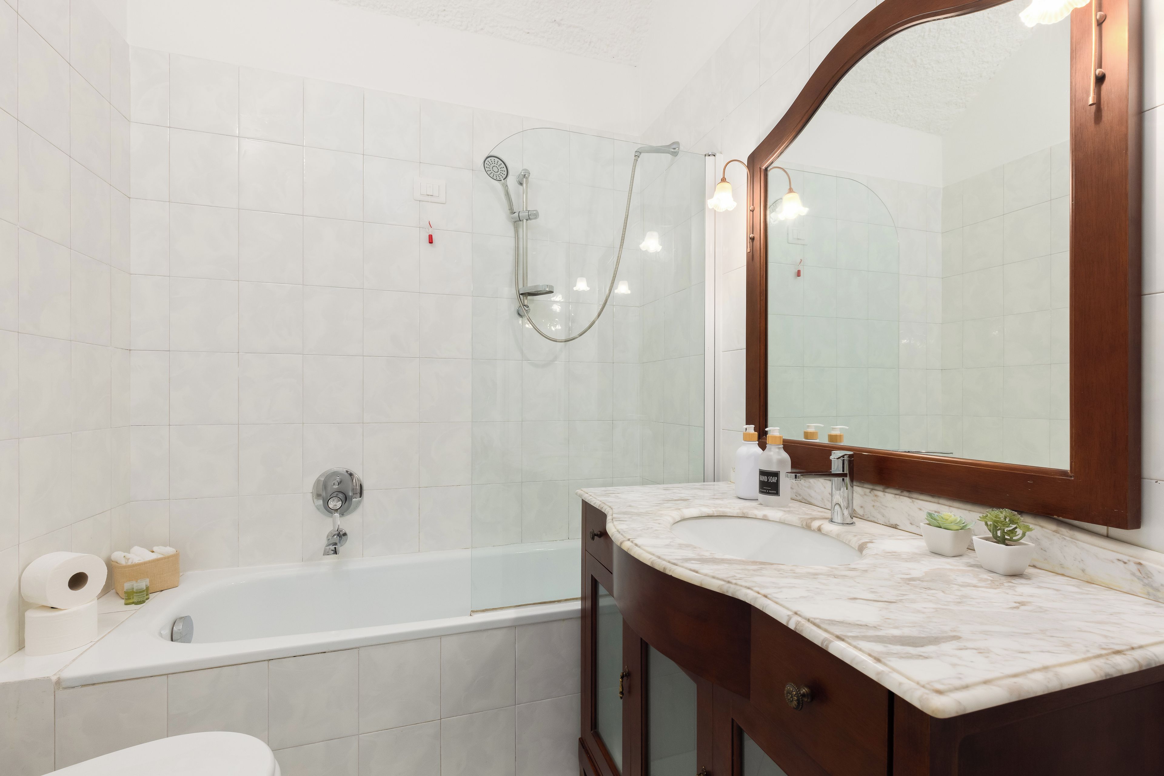 Une salle de bain moderne avec une baignoire, une douche, un meuble-lavabo avec un miroir et une plante en pot.