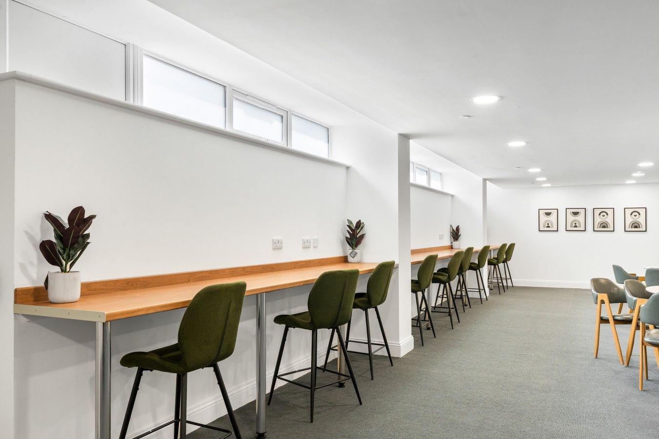 Uma sala de conferências com uma mesa comprida, cadeiras verdes e plantas em vasos.