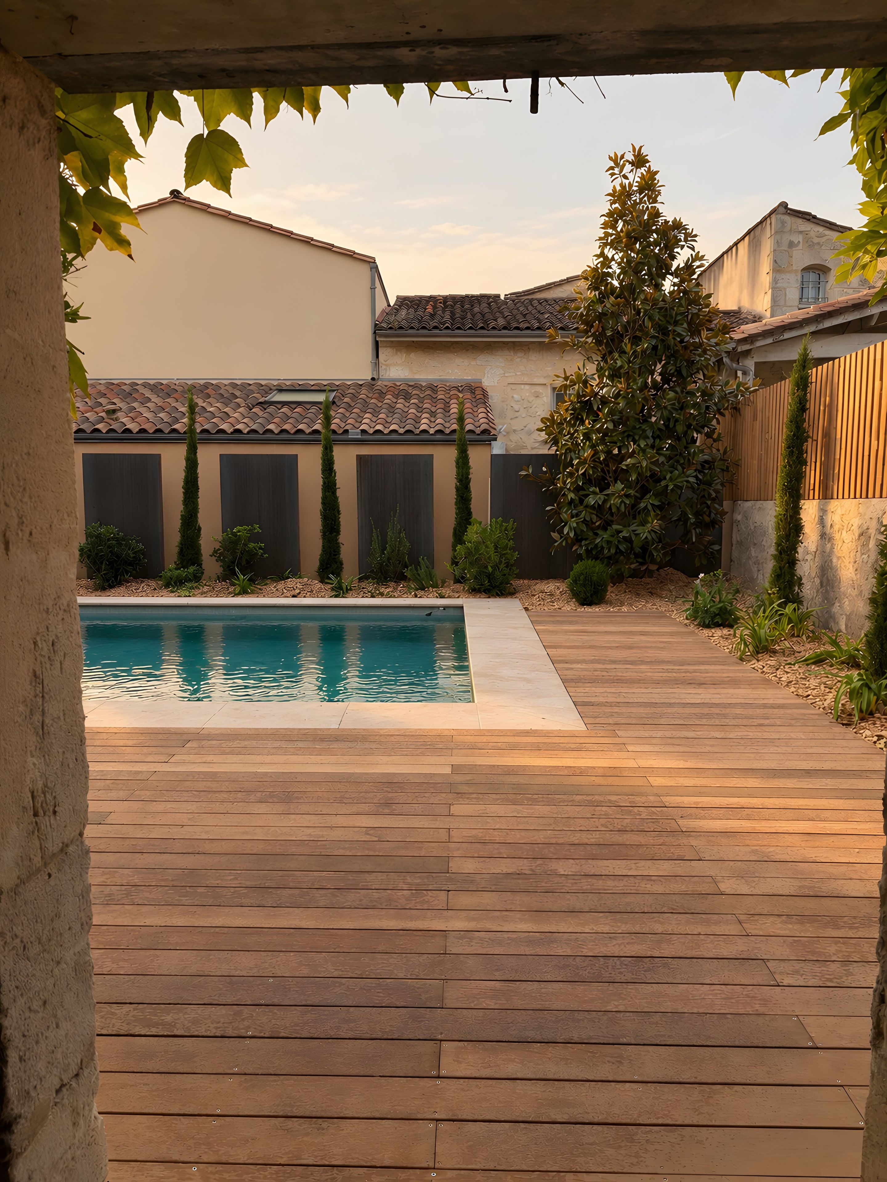 A wooden deck leading to a swimming pool with a stone wall and a building in the background.
