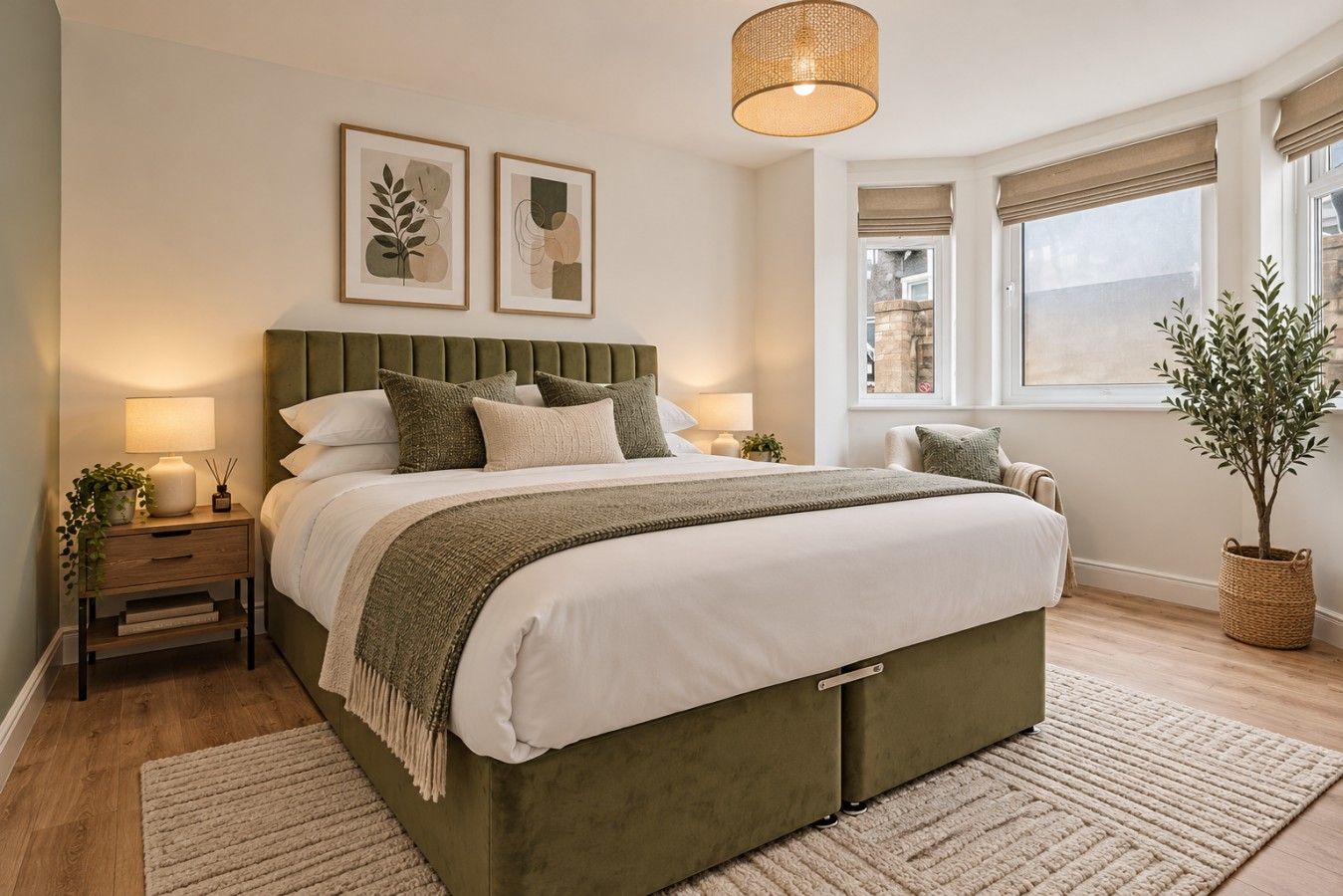 A bedroom with a bed, bedside tables, a window with curtains, and a potted plant.